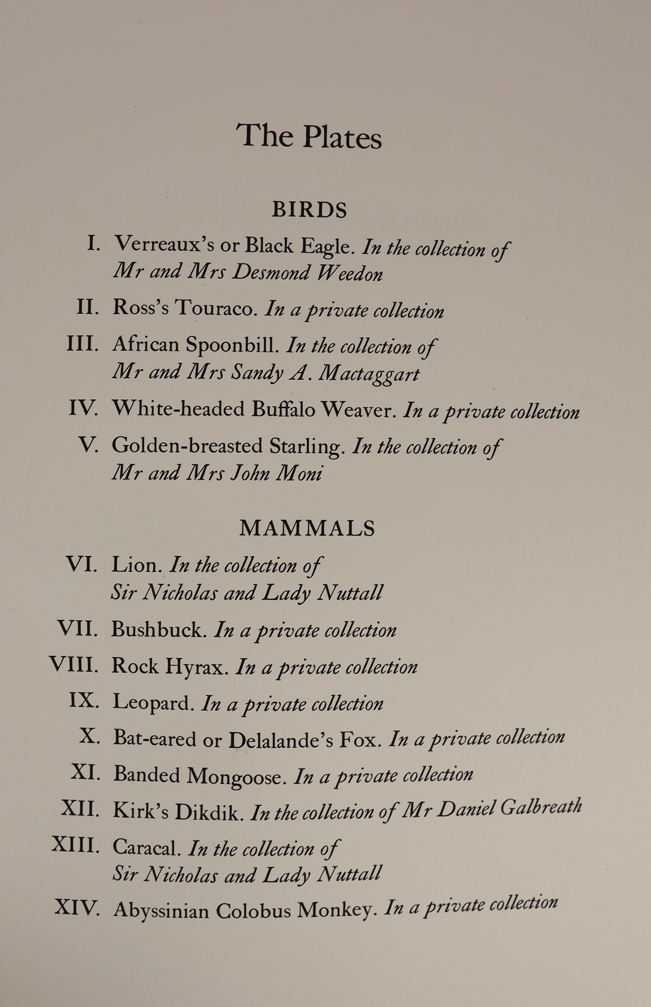 Amuchastegui, Axel - Some Birds and Mamals of Africa, one of 505 signed copies, folio, quarter morocco, illustrated with 14 colour plates by the author, Tryon Gallery, London, 1979, in slip case.